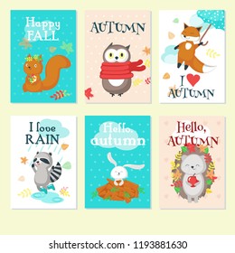 Vector set of autumn cards with cute animals and handwritten autumn quotations. Funny animals squirrel, hedgehog, owl, fox, rabbit and raccoon with autumn leaves, umbrella, apple, carrot etc.