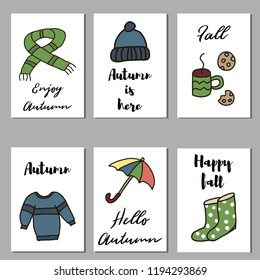 Vector set of autumn cards with lettering, scarf, hat, sweater, umbrella, coffee, boots. Suitable for symbols, greeting cards, banners and posters