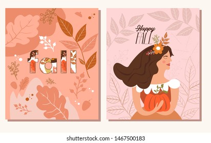 Vector set of autumn cards with woman face portrait and autumn texture