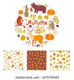 Vector set of Autumn cartoon characters, plants, leaves and seamless patterns. Fall season. Forest animals. Collection for design and Autunm decoration