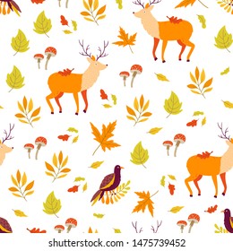 Vector set of Autumn cartoon characters, plants and leaves. Fall season. Forest animals. Collection for design and Autunm decoration