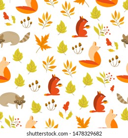 Vector set of Autumn cartoon characters, plants and leaves. Fall season. Forest animals. Collection for design and Autunm decoration