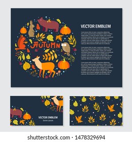Vector set of Autumn cartoon characters, plants and leaves. Fall season. Forest animals. Collection for design and Autunm decoration