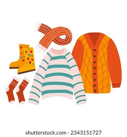 Vector set of autumn clothes. Sweater, scarf, socks, rubber boots in hand drawn style. Autumn vector illustration in flat style. Cozy fall colection.  White isolated background.