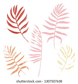 Vector set of autumn colored tropical leaves of palm trees on a white background. Vector grunge leaves. Tropical illustration. Jungle foliage. Cool floral wallpaper