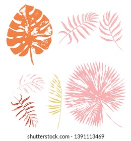 Vector set of autumn colored tropical leaves of palm trees on a white background. Vector grunge leaves. Tropical illustration. Jungle foliage. Cool floral wallpaper