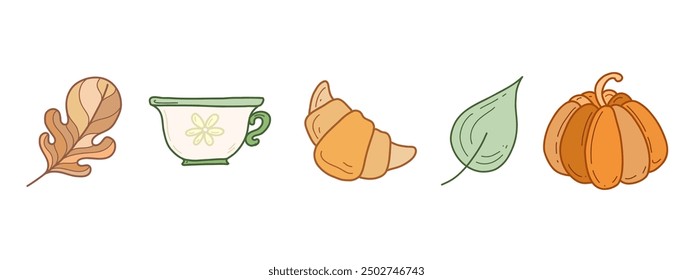 Vector set of autumn colorful doodles. Hand drawn colorful illustrations. Cup, fallen leaves, croissant and pumpkin. Autumn tea party, cute style.