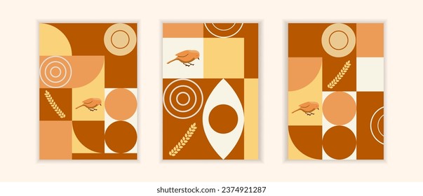 Vector set autumn covers notebook. Graphic Backgrounds with wheat, bird. Brown, beige autumn colors. Minimal natural Boho style. Design notebook, card, stories, postcard, cover, invitations.