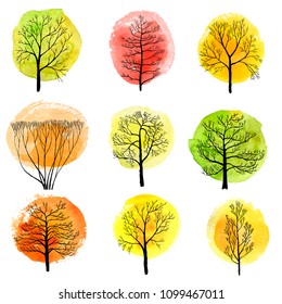 vector set of autumn deciduous trees with watercolor foliage, hand drawn isolated natural elements