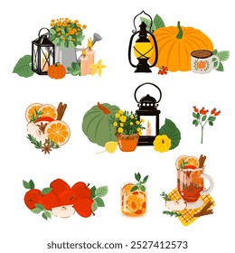 Vector set of Autumn decoration - black lanterns with candles, autumn season flowers, pumpkin,hot drinks
