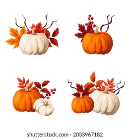 Vector set of autumn decoration elements with pumpkins, autumn leaves, and rowanberries isolated on a white background.