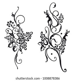 Vector set of autumn designs. Deer and oak leaves.