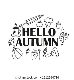 Vector set of autumn doodle icons. Sketch hand drawn elements. Editable stroke.