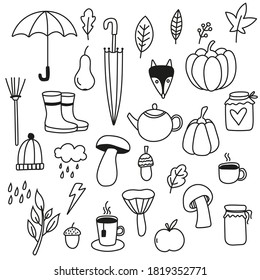 Vektorset der Herbstdoodellsymbole. Zeichnen Sie handgezeichnete Elemente. Bearbeitbarer Strich.