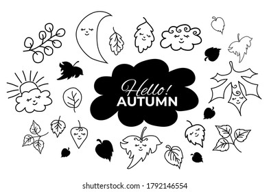 Vector set of autumn drawings. Leaves, moon and cloud with cute faces and closed eyes. Use for fall design and decoration. Vector. outline. Isolated elements on white background