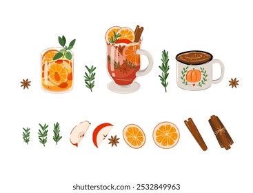 Conjunto de Vector de bebidas de otoño Vino caliente, café, bebidas calientes, especias, hierbas, manzanas y naranjas aislados sobre fondo blanco. 