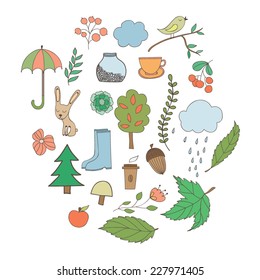 Vector set with autumn elements: acorns, rain, umbrella, high boots, tree, leaves,coffee, berries, rabbit and mushrooms; can be used for stickers, decoration of cards or web pages, etc.