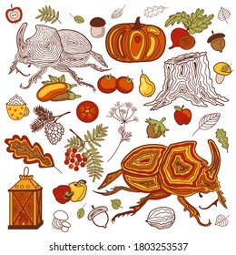 Vector set of autumn elements: falling leaves, vegetables, fruits,mushrooms and funny cartoon insects. Scrapbook collection of fall season elements. Perfect for web,card,cover,tag,invitation,stickers.