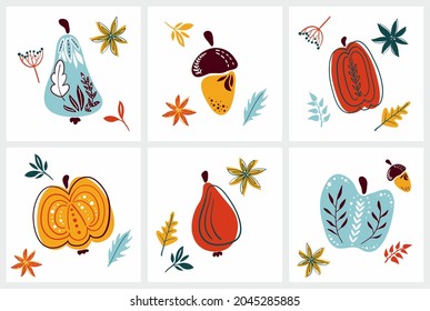 Vector set of autumn elements and icons: pumpkin, apple, mushrooms, pear, falling leaves, Collection of autumn season elements. Bright background for harvesting. Autumn card for design