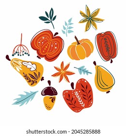 Vector set of autumn elements and icons: pumpkin, apple, mushrooms, pear, falling leaves, Collection of autumn season elements. Bright background for harvesting. Autumn card for design