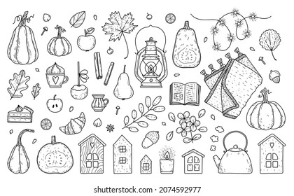 Vector set of autumn elements - leaves, pumpkins, kettle, knitted blanket, coffee and tea, desserts, houses, book, garland, sweets. Cute things for cozy autumn days.