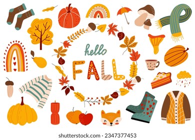 Vector set of autumn elements.  Leaves, acorns, sweater, scarf, pumpkins, boots, mushroom, pie, rainbow, lettering Hello Fall. Collection of fall elements for scrapbooking. Beautiful poster, banne.