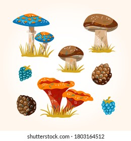 Vector set of autumn elements -mushrooms, berries and cones. Autumn attributes for DIY design. Hand drawing for design of a postcard, banner, leaflet, template.