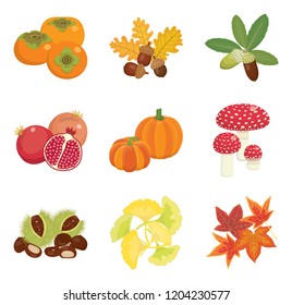 vector set of autumn elements such as leaves, mushrooms, and fruits