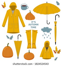 Vector set of autumn ellements. Beautifull collection for fall: yellow raincoat, umbrella, rain boots, pumpkins and hot cofee, leaves isolated on white background