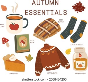 Conjunto vectorial de iconos de otoño esenciales: sidra de manzana, mantas, velas, libros, medias, sudaderas, tarta de calabaza, setas, hojas