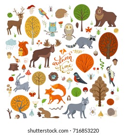 Vector set of autumn forest trees and animals. Adorable collection for children books, invitations and posters. Beaver, deer, fox, hedgehog, owl, rabbit, raccoon, snail, squirrel, bee, ant, mushroom.