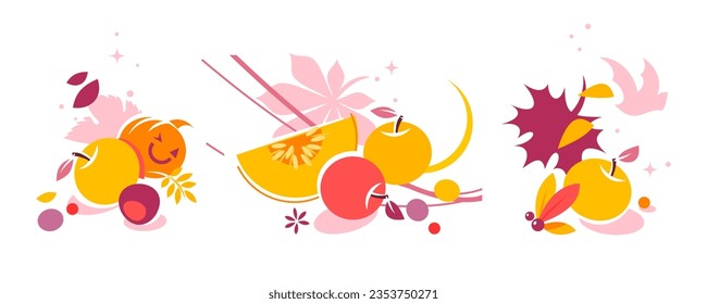 Vector set of autumn fruits and leaves