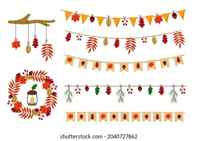 Vector set of autumn garlands -holiday flags, leaves, acorns. Сollection of fall season decoration elements.