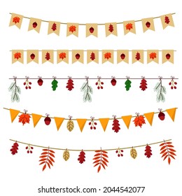 Vector set of autumn garlands - holiday flags, leaves, acorns. Сollection of fall season decoration elements.