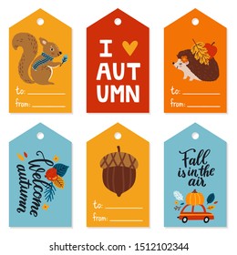 Vector set of autumn gift tags with squirrel, hedgehog, acorn and hand written phrases about autumn. Printable gift labels for fall season. Cute cartoon character. Journaling tags template.