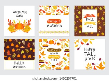 Vector set of Autumn greeting cards with pumpkin, autumn quotes, maple, oak, aspen leaves. Perfect template for holidays