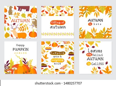 Vector set of Autumn greeting cards with pumpkin, forest animals, maple, oak, aspen leaves and lettering. Perfect template for holidays