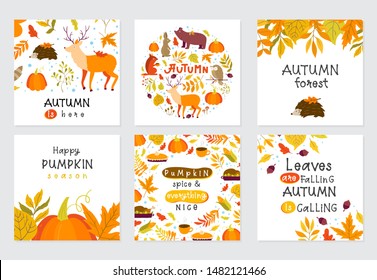 Vector set of Autumn greeting cards with pumpkin, forest animals, maple, oak, aspen leaves and lettering. Perfect template for holidays