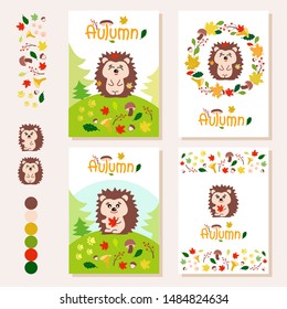 Vector set of autumn greeting cards with hedgehog, forest animals, maple, oak, leaves, mushrooms and inscription. The perfect pattern for the holidays. Autumn greeting cards, leaflets, banners, poster