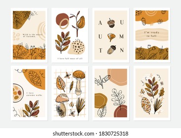 Vector set of Autumn greeting cards with quotes and autumnal elements. Abstract set. Perfect for social media 