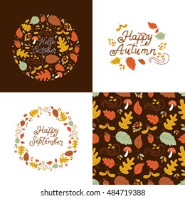 Vector set of autumn greeting cards and backgrounds. Seamless pattern, autumn monoline lettering, wreath, autumn elements.