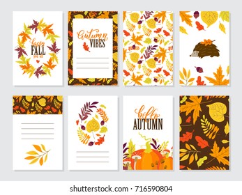 Vector set of Autumn greeting cards with pumpkin, hedghog, maple, oak, aspen leaves. Perfect template for holidays