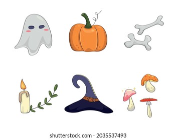 Vector set of autumn Halloween elements. Halloween cliparts with traditional symbols Perfect for party invitation, greeting card, flyer, banner, poster.