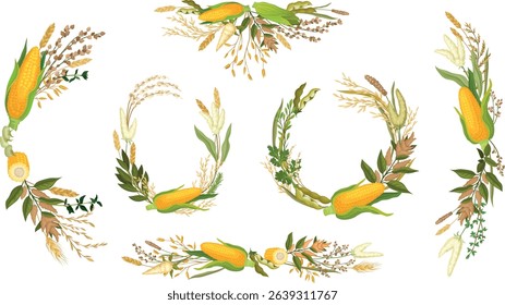 A vector set of autumn harvest frames and borders with corn, millet, and wheat. Decorative wreaths and dividers for agricultural, organic food, and Thanksgiving holiday designs. Grouped vectors
