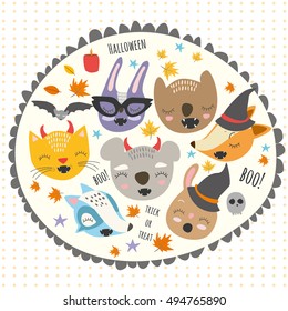 vector set. autumn holiday Halloween. cute animals in costumes. fox, raccoon, rabbit, bear, koala, cat. pumpkin, use for invitations, greeting cards, decorations, textiles, garments, T-shirt