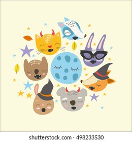 vector set. autumn holiday Halloween. cute animals in costumes. fox, raccoon, rabbit, bear, koala, cat. pumpkin, use for invitations, greeting cards, decorations, textiles, garments, T-shirt
