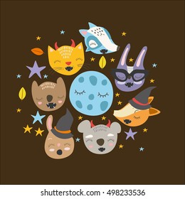 vector set. autumn holiday Halloween. cute animals in costumes. fox, raccoon, rabbit, bear, koala, cat. pumpkin, use for invitations, greeting cards, decorations, textiles, garments, T-shirt