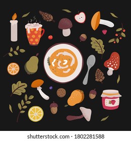 Vector set of autumn icons with acorns, cones, mushrooms, pumpkin soup, falling leaves and lettering. Scrapbook collection of fall season elements. Autumn greeting card
