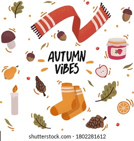 Vector Set Of Autumn Icons With Acorns, Cones, Falling Leaves And Lettering. Scrapbook Collection Of Fall Season Elements. Autumn Greeting Card