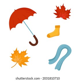 Vector set of autumn icons for any design. Red umbrella. Cozy and bright fall symbols. Cartoon yellow plants, food and forest animals, harvest festival 